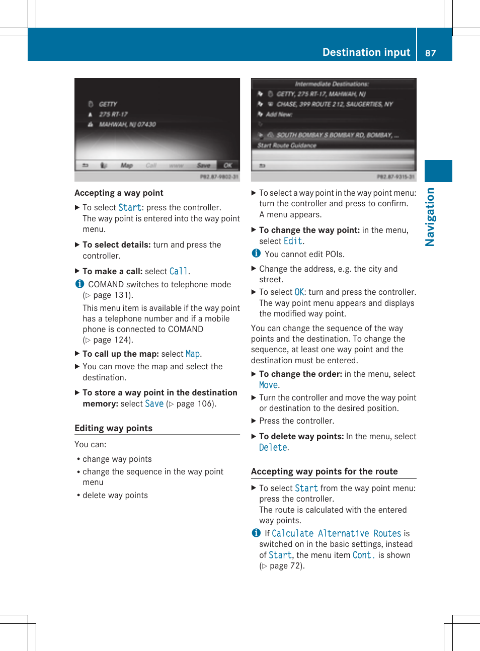 Navi ga tio n, Destination input | Mercedes-Benz S-Class 2014 COMAND Manual User Manual | Page 89 / 278