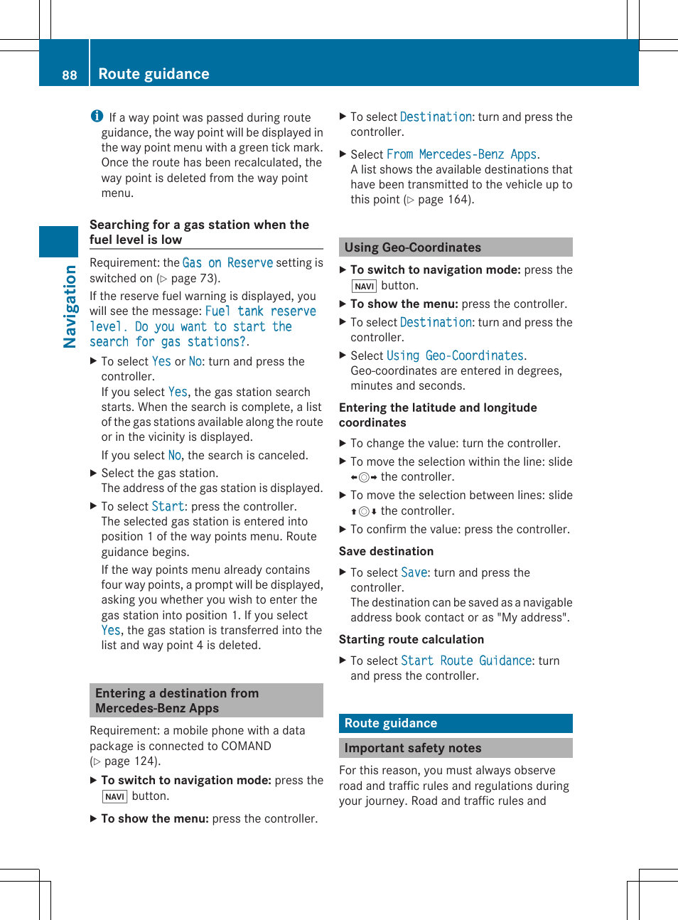 Navigation, Route guidance | Mercedes-Benz S-Class 2014 COMAND Manual User Manual | Page 90 / 278