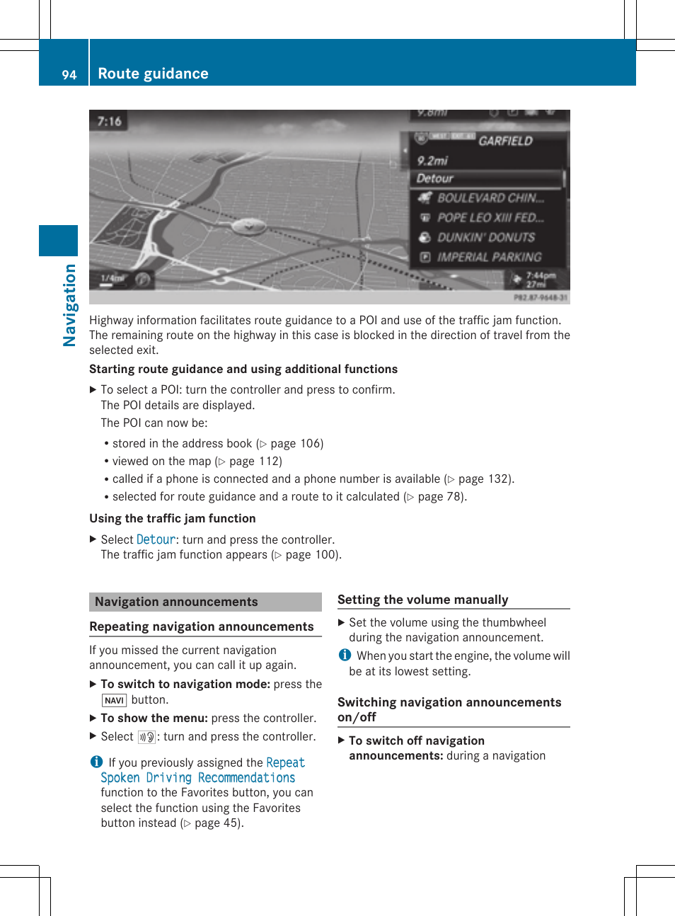 Navig atio n, Route guidance | Mercedes-Benz S-Class 2014 COMAND Manual User Manual | Page 96 / 278