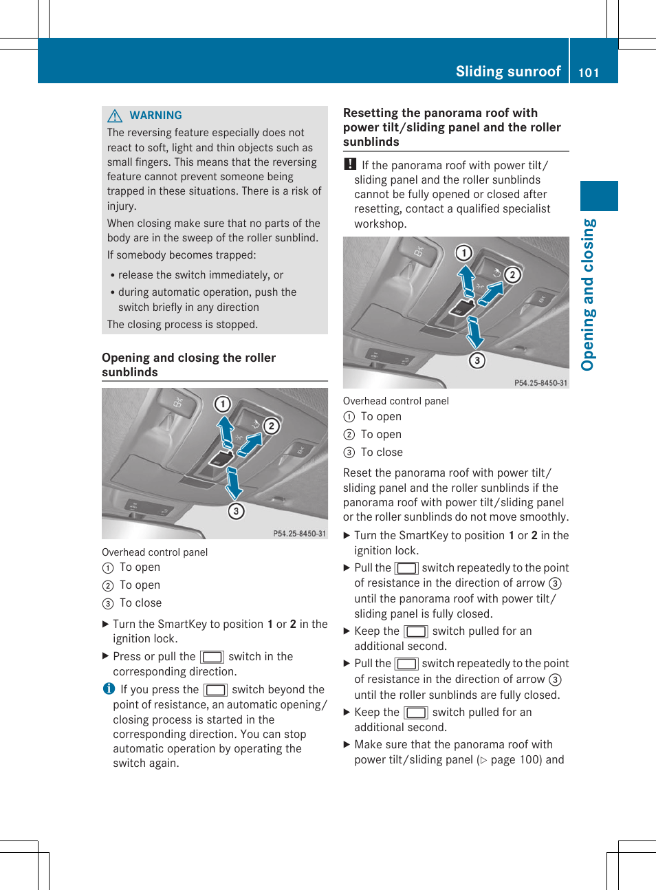 Openi ng and closing, Sliding sunroof | Mercedes-Benz GL-Class 2014 Owners Manual User Manual | Page 103 / 462
