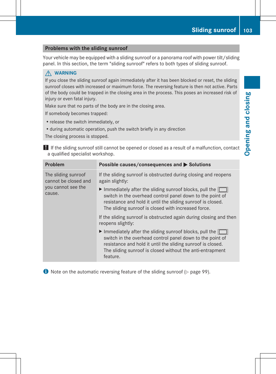 Opening and closing, Sliding sunroof | Mercedes-Benz GL-Class 2014 Owners Manual User Manual | Page 105 / 462