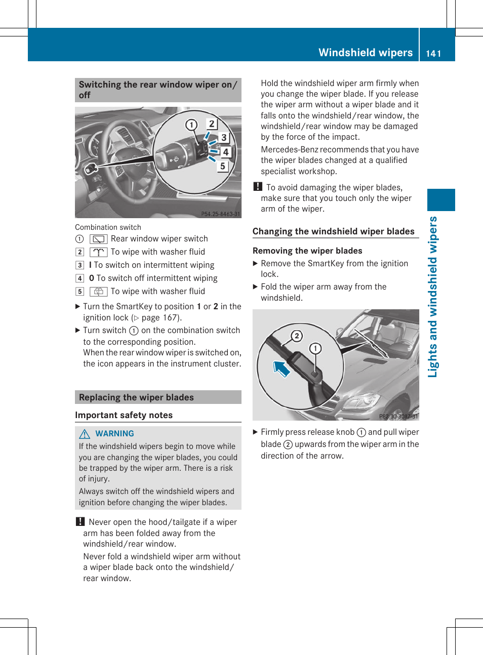 Lights and windshield wipers, Windshield wipers | Mercedes-Benz GL-Class 2014 Owners Manual User Manual | Page 143 / 462