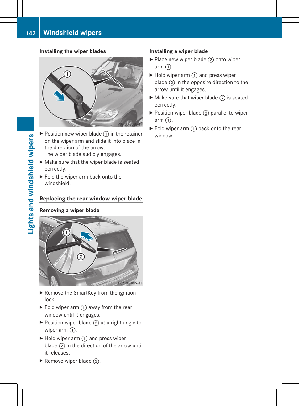 Light s and winds hield wiper s, Windshield wipers | Mercedes-Benz GL-Class 2014 Owners Manual User Manual | Page 144 / 462