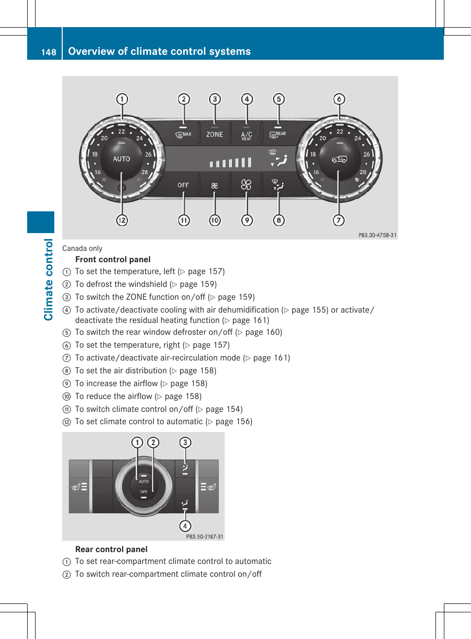 Clima te contr ol, Overview of climate control systems | Mercedes-Benz GL-Class 2014 Owners Manual User Manual | Page 150 / 462