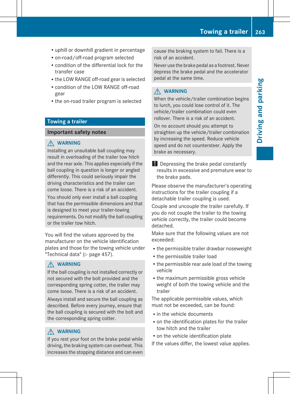 Driv ing and pa rki ng, Towing a trailer | Mercedes-Benz GL-Class 2014 Owners Manual User Manual | Page 265 / 462