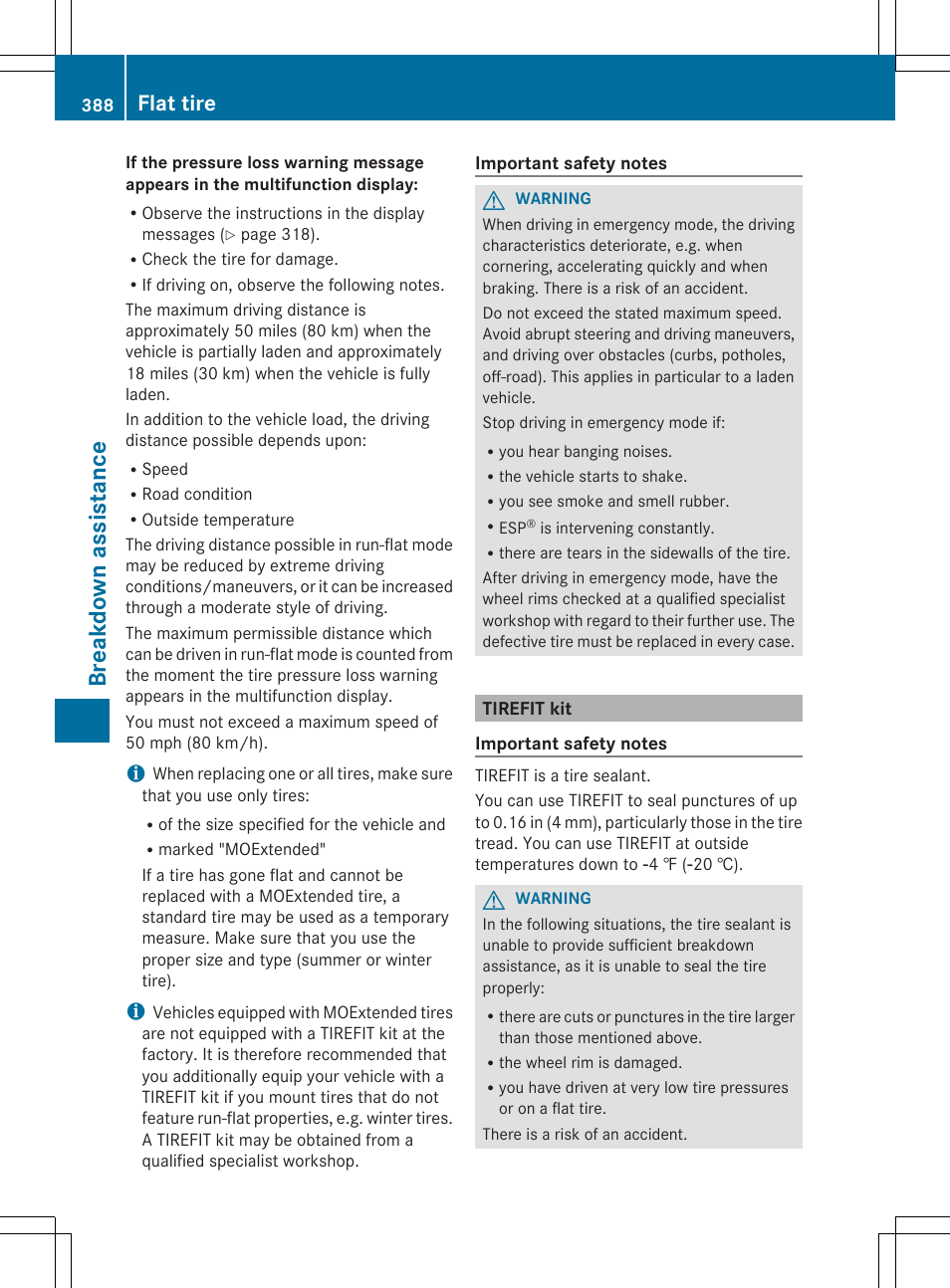 Br eak down ass ist ance, Flat tire | Mercedes-Benz GL-Class 2014 Owners Manual User Manual | Page 390 / 462