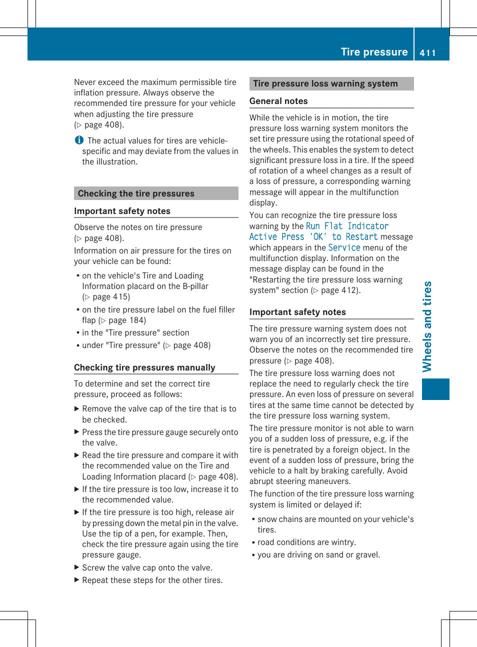 Wheels and tires, Tire pressure | Mercedes-Benz GL-Class 2014 Owners Manual User Manual | Page 413 / 462
