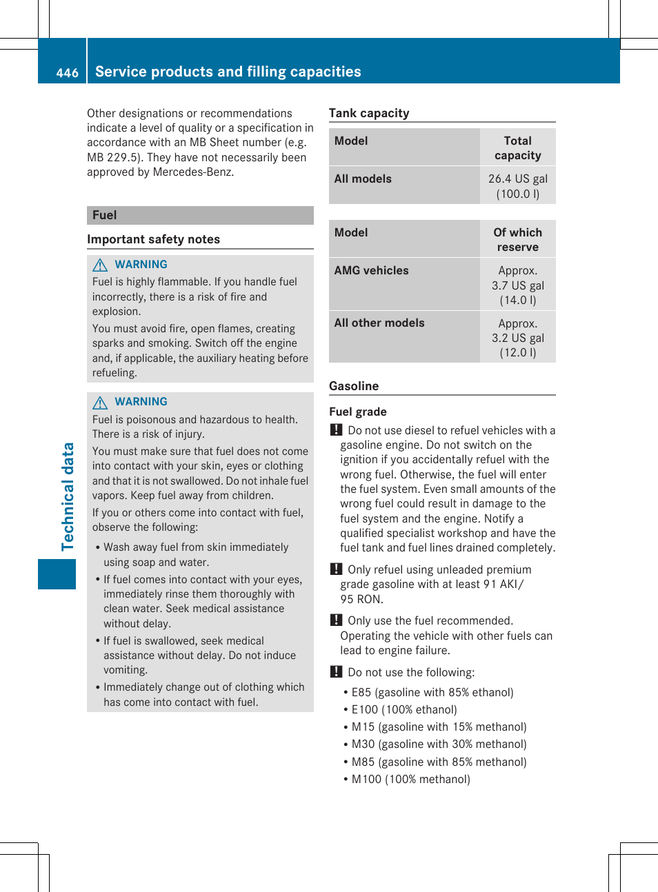 Technical data, Service products and filling capacities | Mercedes-Benz GL-Class 2014 Owners Manual User Manual | Page 448 / 462
