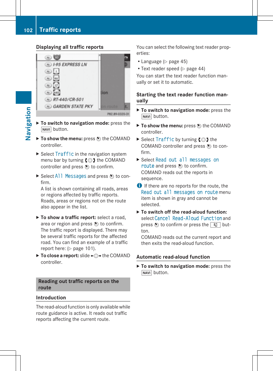 Navi ga tio n, Traffic reports | Mercedes-Benz CLS-Class 2014 COMAND Manual User Manual | Page 104 / 270