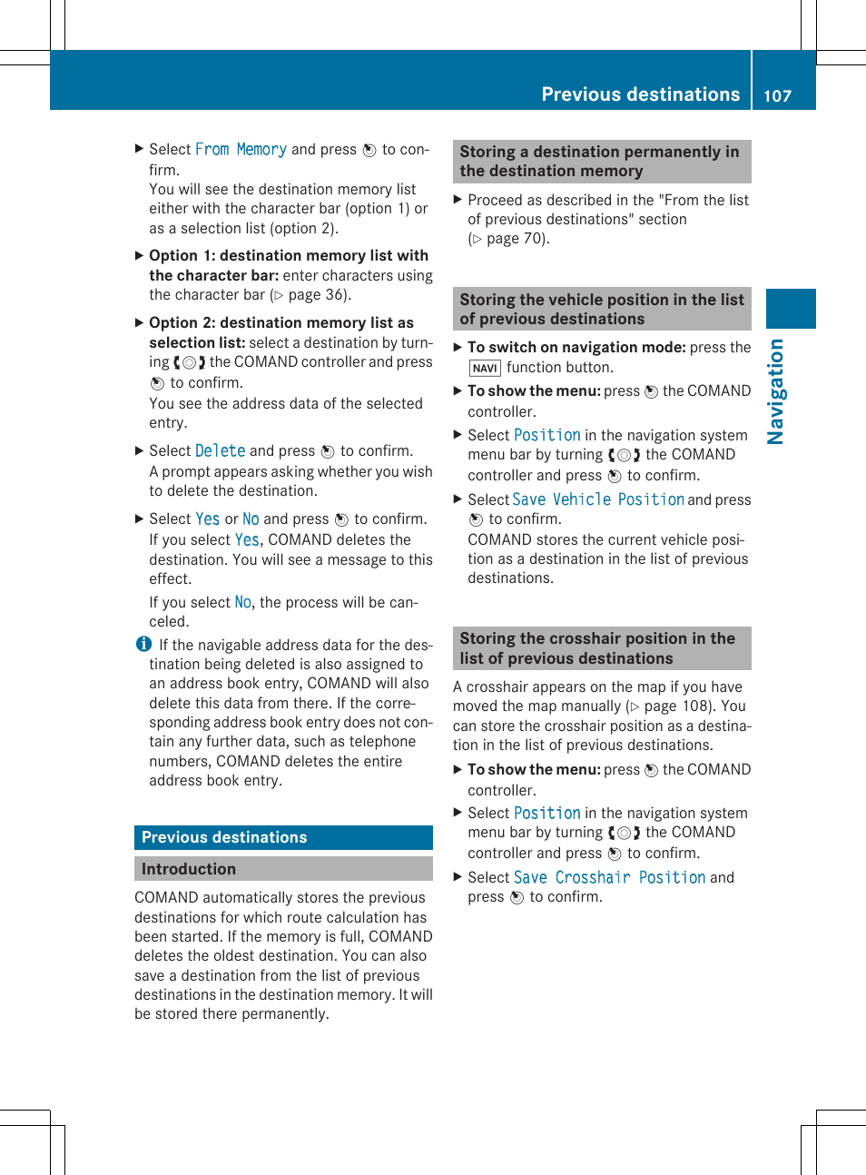 Navig atio n, Previous destinations | Mercedes-Benz CLS-Class 2014 COMAND Manual User Manual | Page 109 / 270