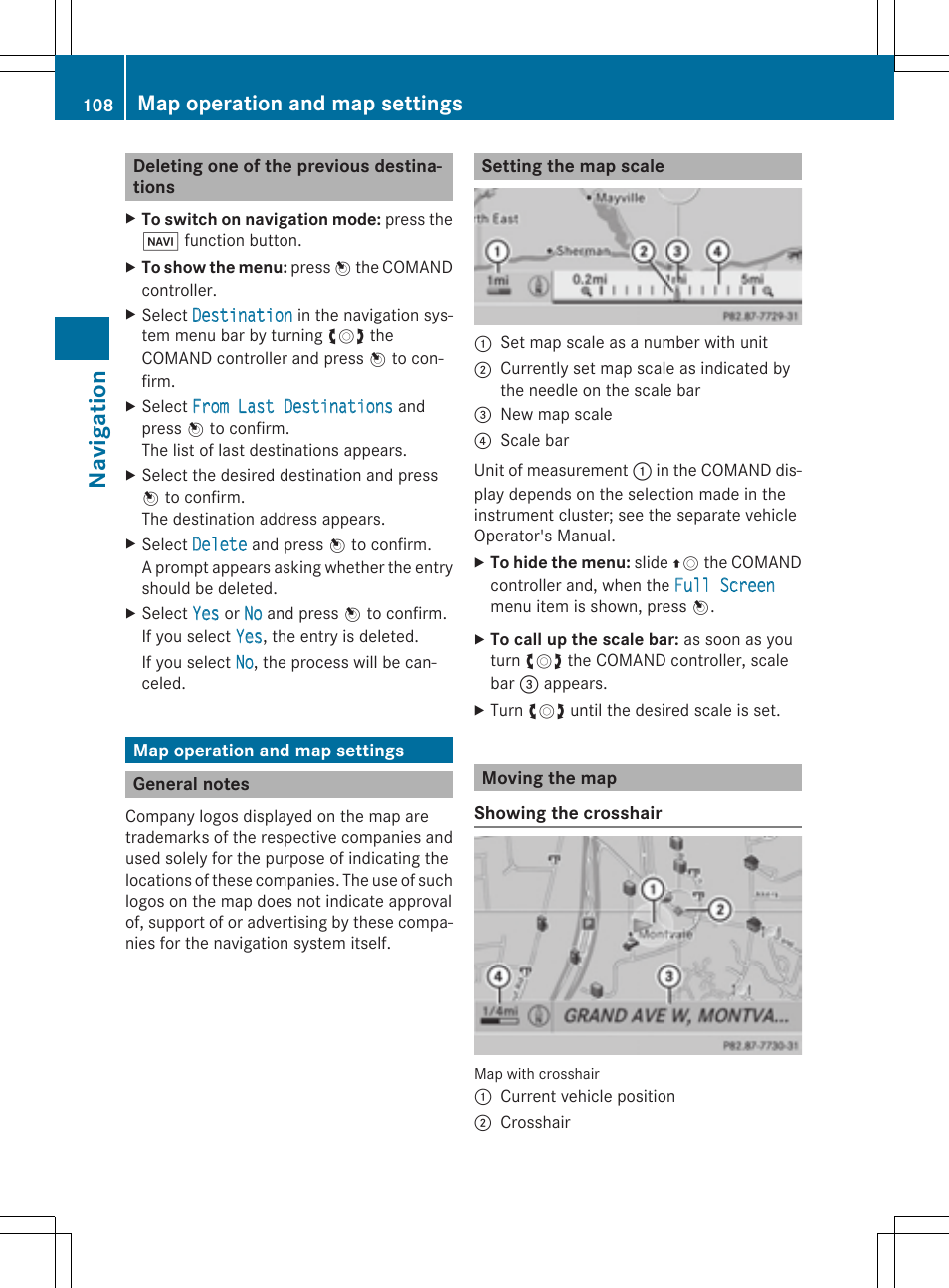 Navi ga tio n, Map operation and map settings | Mercedes-Benz CLS-Class 2014 COMAND Manual User Manual | Page 110 / 270