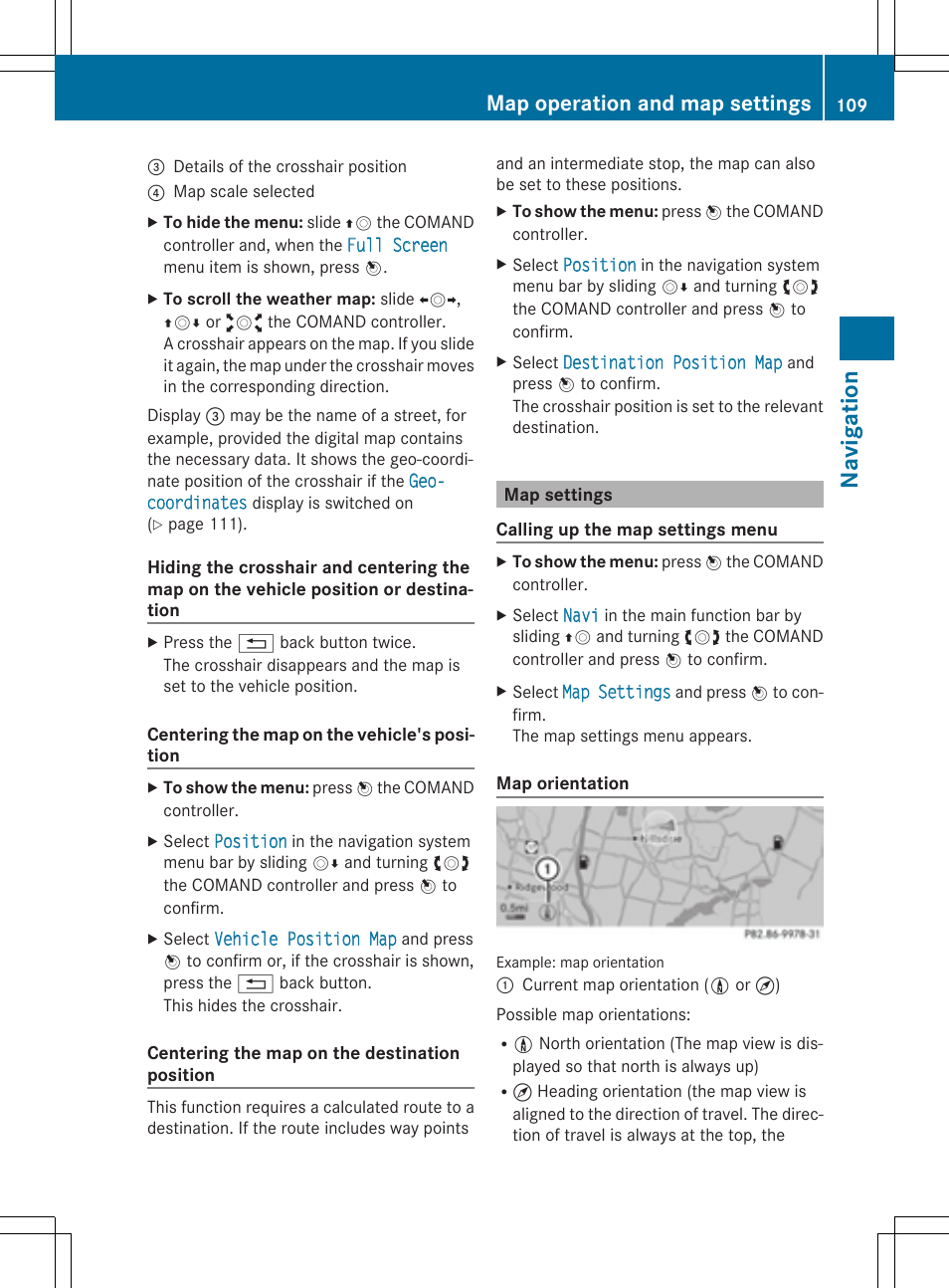 Navi gati on, Map operation and map settings | Mercedes-Benz CLS-Class 2014 COMAND Manual User Manual | Page 111 / 270