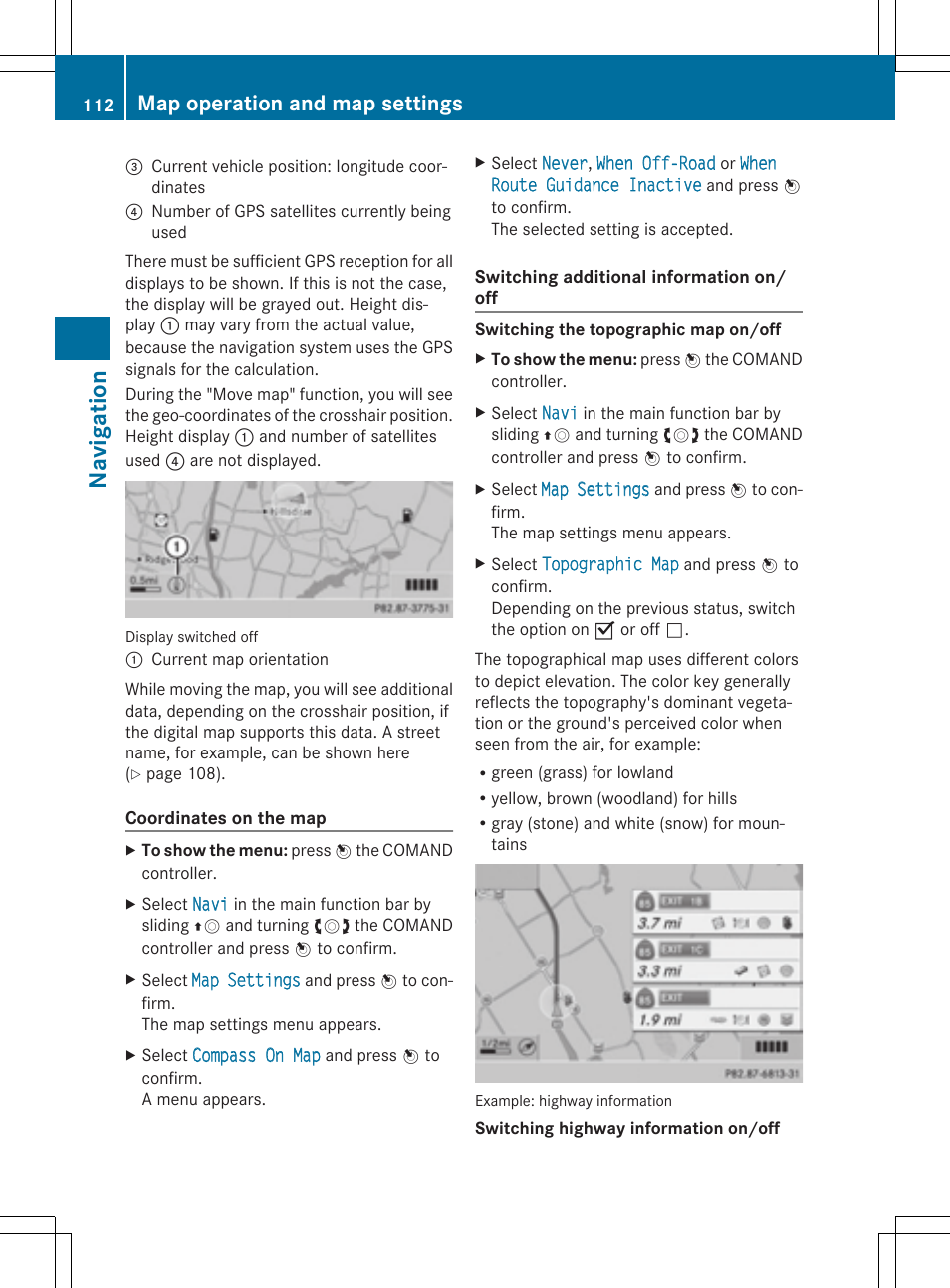 Navi ga tio n, Map operation and map settings | Mercedes-Benz CLS-Class 2014 COMAND Manual User Manual | Page 114 / 270