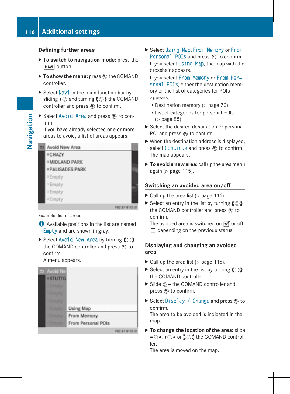 Navi ga tio n, Additional settings | Mercedes-Benz CLS-Class 2014 COMAND Manual User Manual | Page 118 / 270