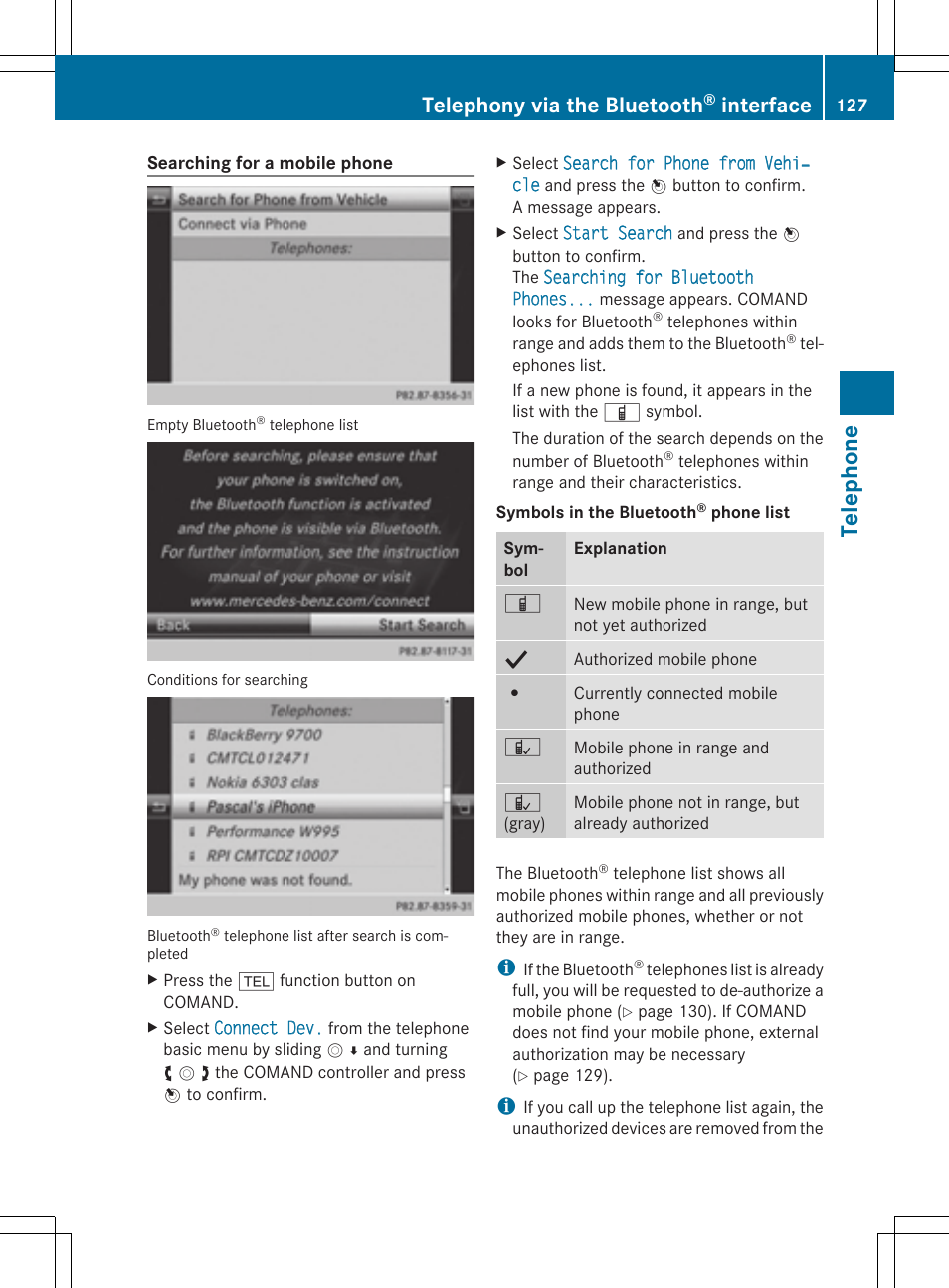 Tel eph on e, Telephony via the bluetooth, Interface | Mercedes-Benz CLS-Class 2014 COMAND Manual User Manual | Page 129 / 270