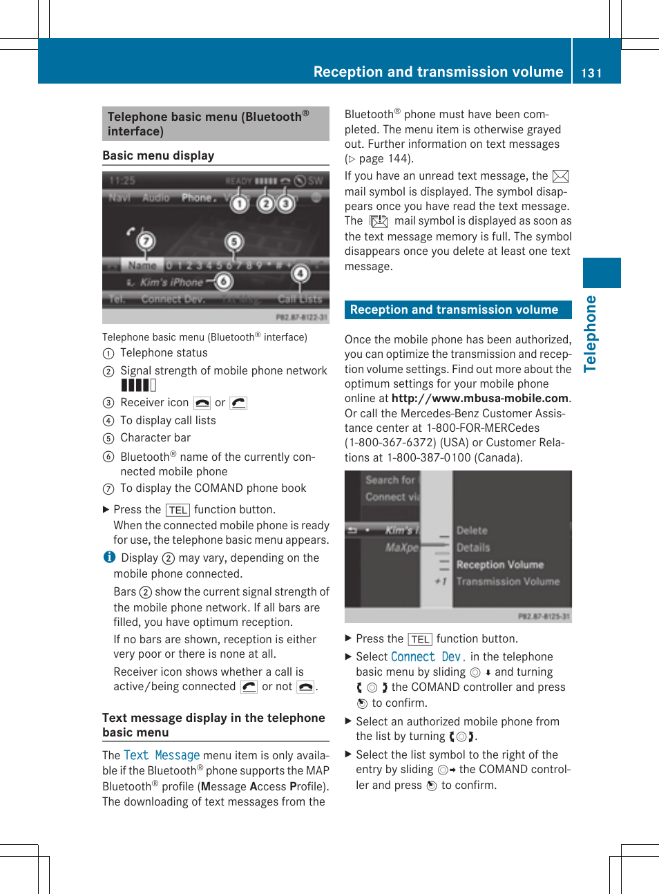 Tel eph on e, Reception and transmission volume | Mercedes-Benz CLS-Class 2014 COMAND Manual User Manual | Page 133 / 270