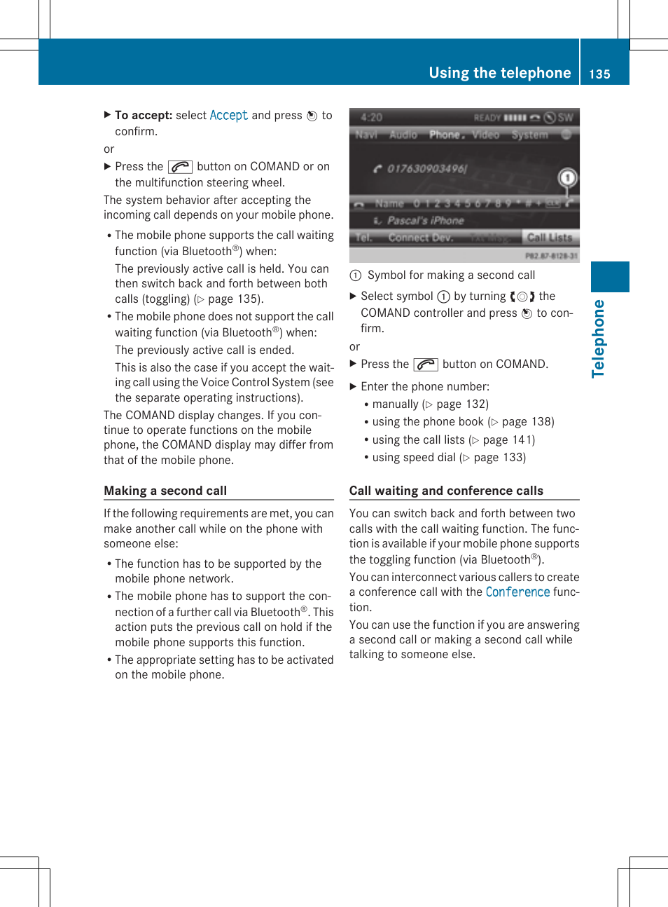 Tel epho ne, Using the telephone | Mercedes-Benz CLS-Class 2014 COMAND Manual User Manual | Page 137 / 270