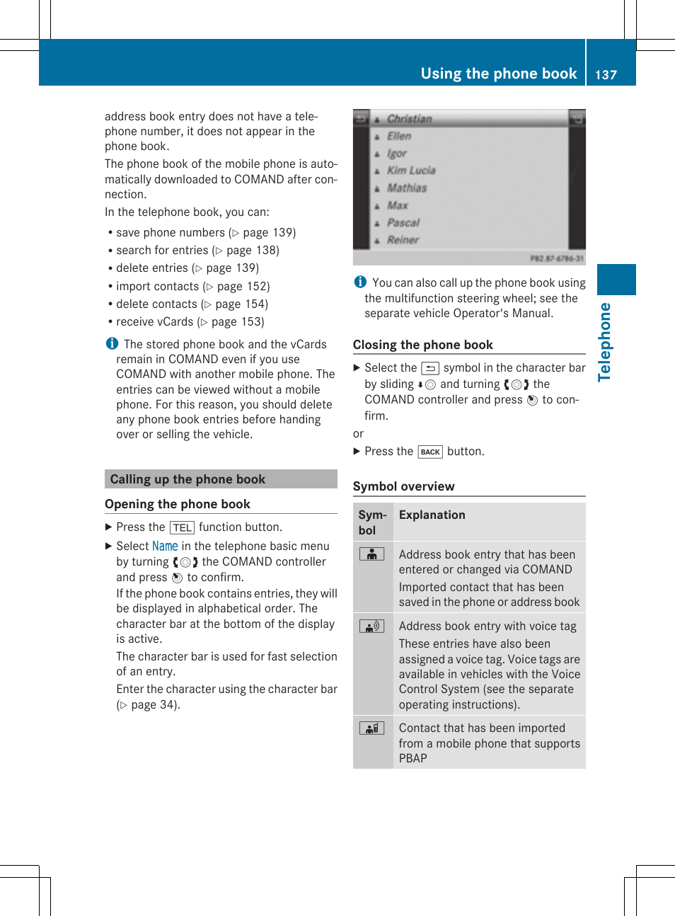 Telep hone, Using the phone book | Mercedes-Benz CLS-Class 2014 COMAND Manual User Manual | Page 139 / 270