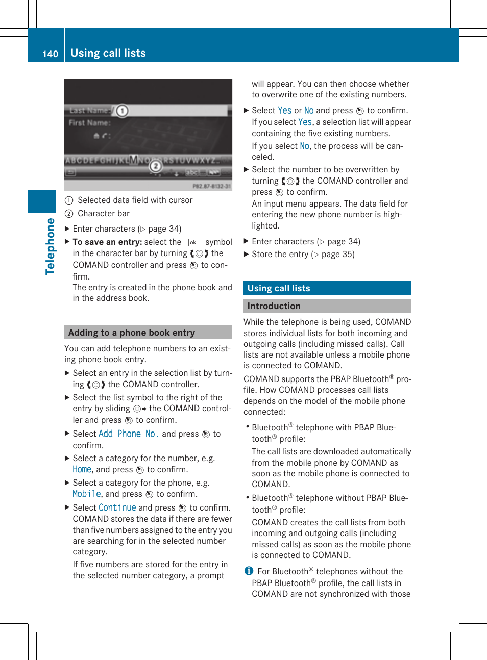 Tel epho ne, Using call lists | Mercedes-Benz CLS-Class 2014 COMAND Manual User Manual | Page 142 / 270