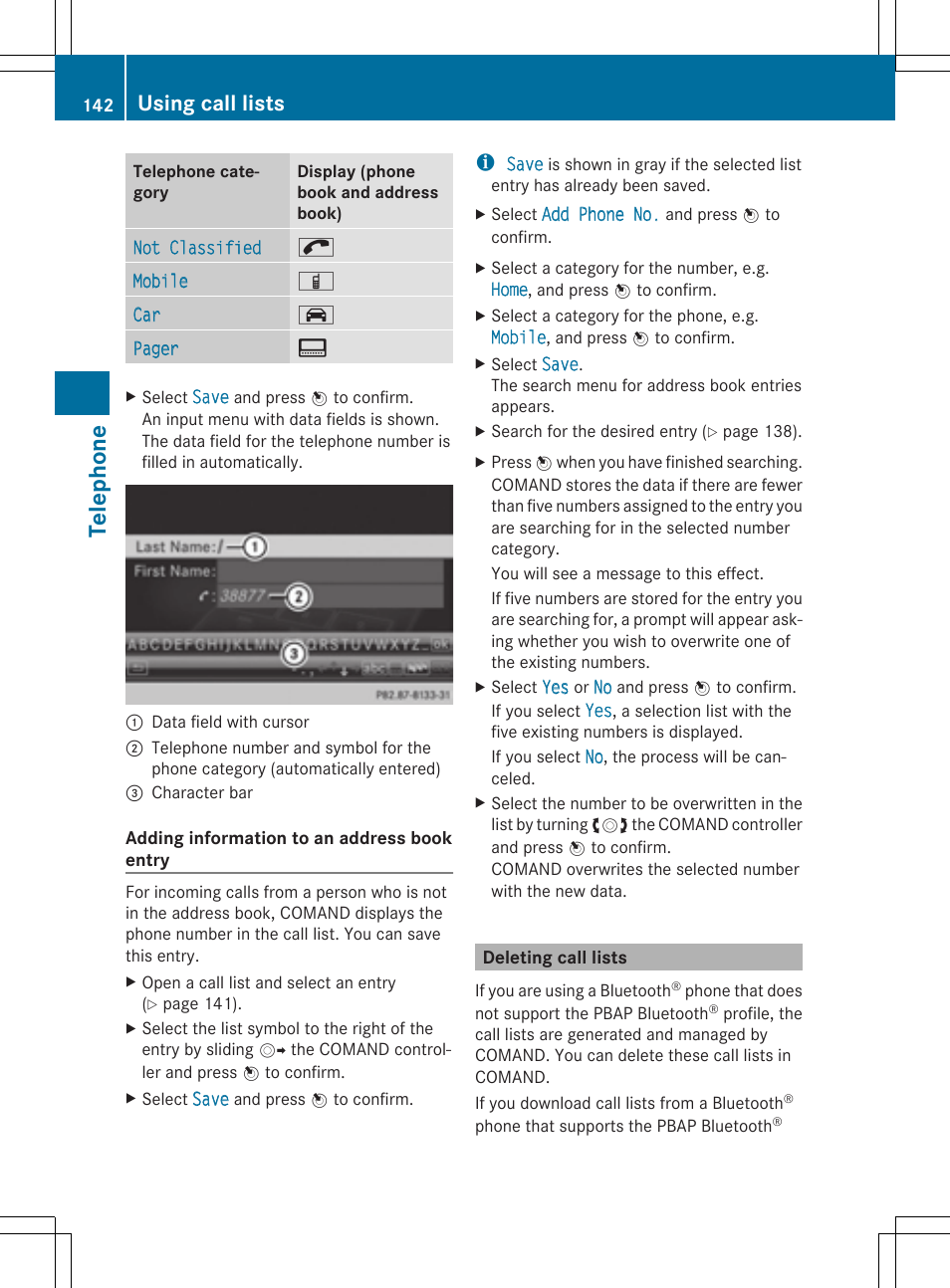 Tel epho ne, Using call lists | Mercedes-Benz CLS-Class 2014 COMAND Manual User Manual | Page 144 / 270