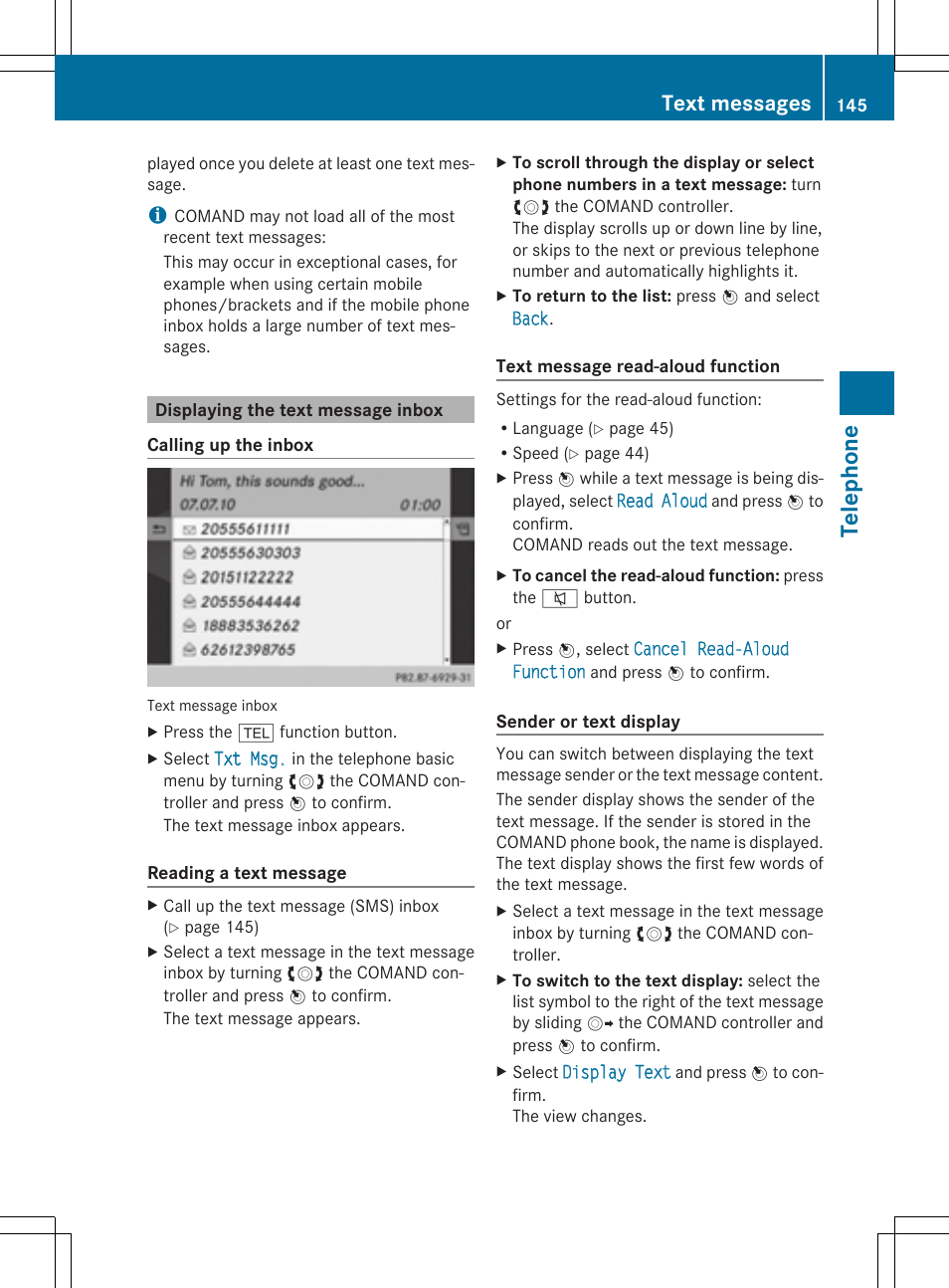 Teleph one, Text messages | Mercedes-Benz CLS-Class 2014 COMAND Manual User Manual | Page 147 / 270