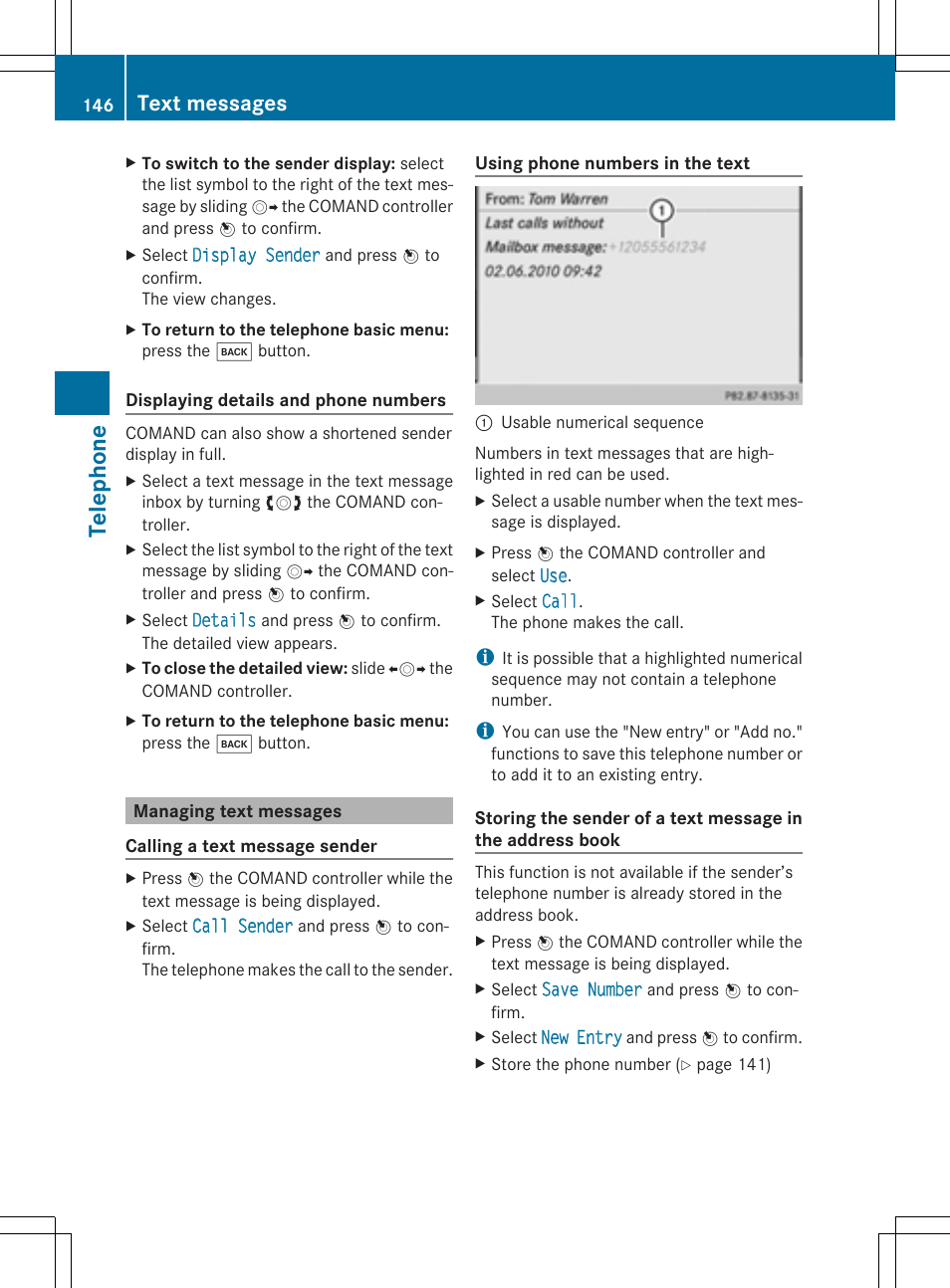Tel epho ne, Text messages | Mercedes-Benz CLS-Class 2014 COMAND Manual User Manual | Page 148 / 270