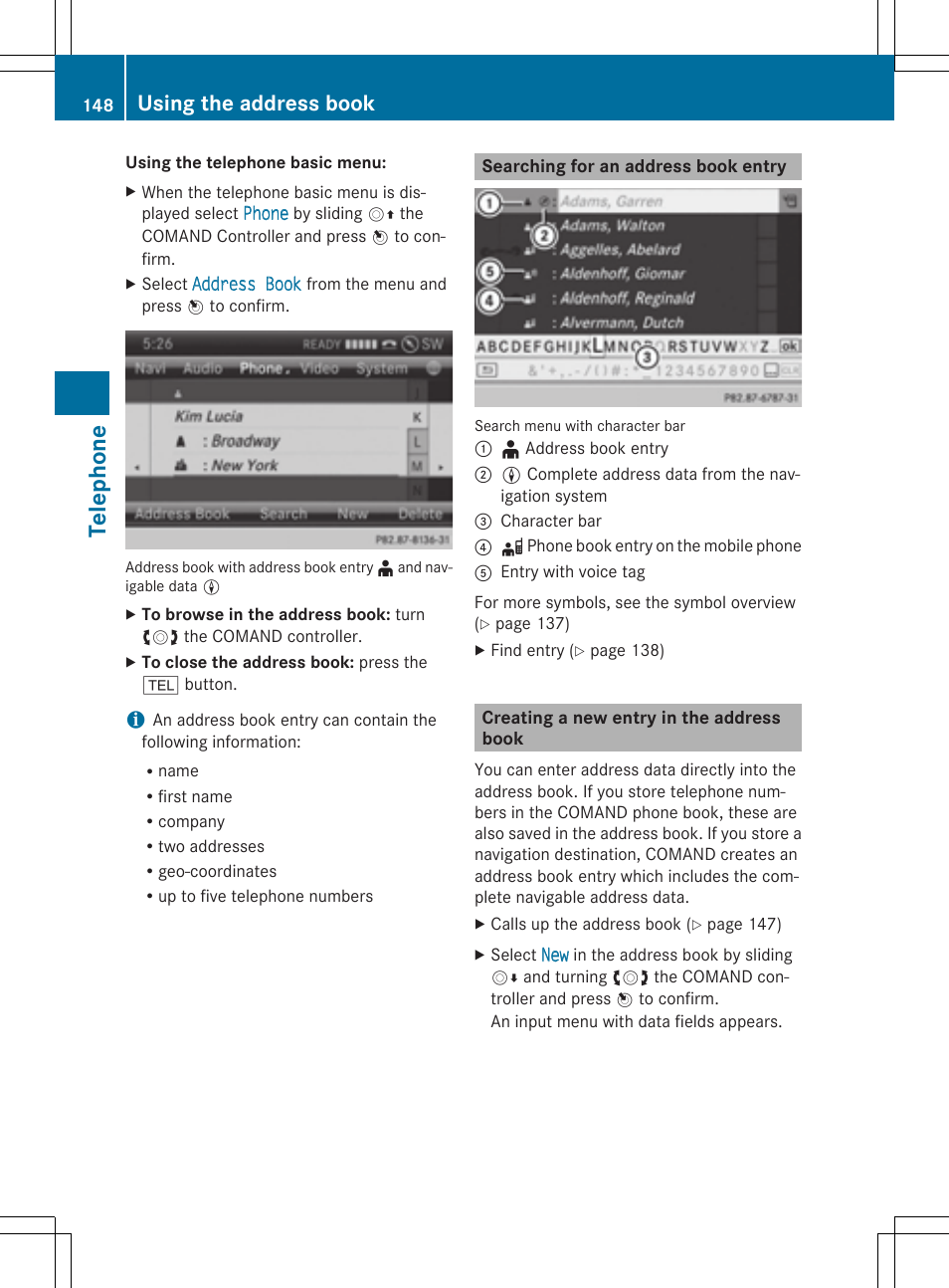 Teleph one, Using the address book | Mercedes-Benz CLS-Class 2014 COMAND Manual User Manual | Page 150 / 270
