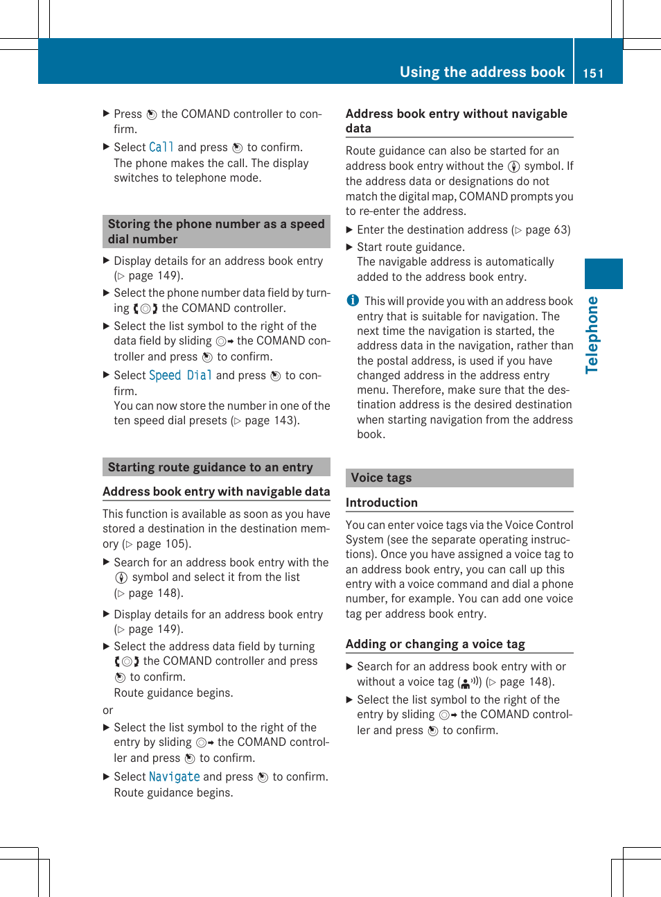 Telephone, Using the address book | Mercedes-Benz CLS-Class 2014 COMAND Manual User Manual | Page 153 / 270