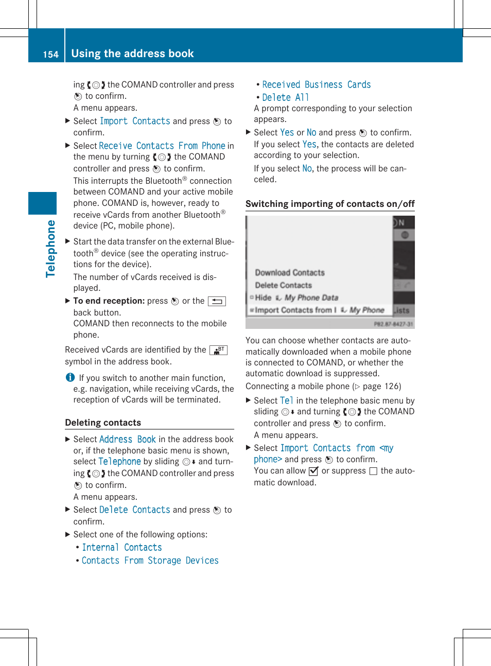 Telep hone, Using the address book | Mercedes-Benz CLS-Class 2014 COMAND Manual User Manual | Page 156 / 270