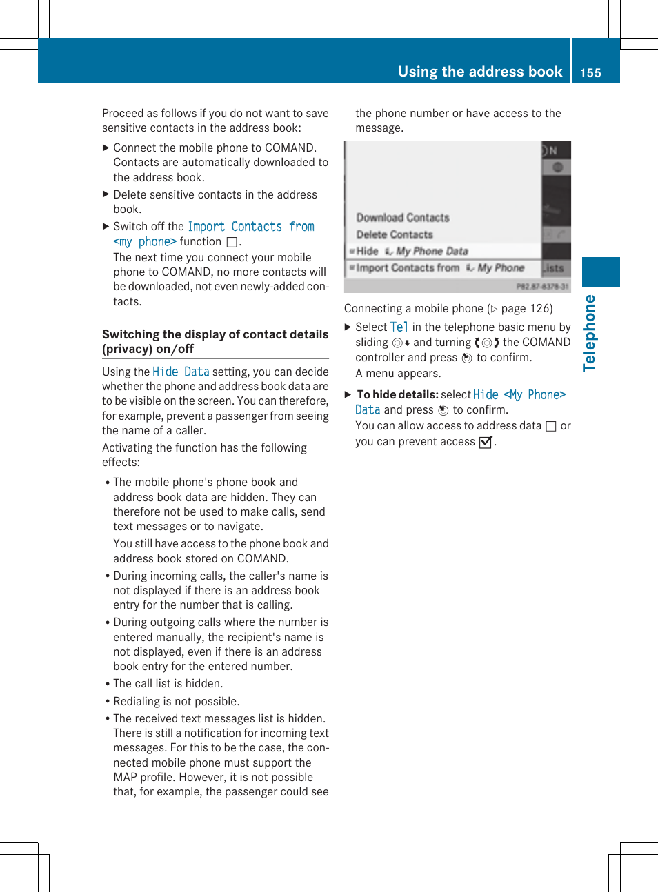 Telephone, Using the address book | Mercedes-Benz CLS-Class 2014 COMAND Manual User Manual | Page 157 / 270
