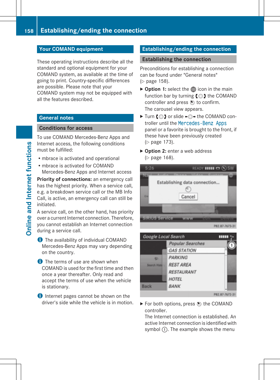 Onlin e an d int er net fu nct ions, Establishing/ending the connection | Mercedes-Benz CLS-Class 2014 COMAND Manual User Manual | Page 160 / 270