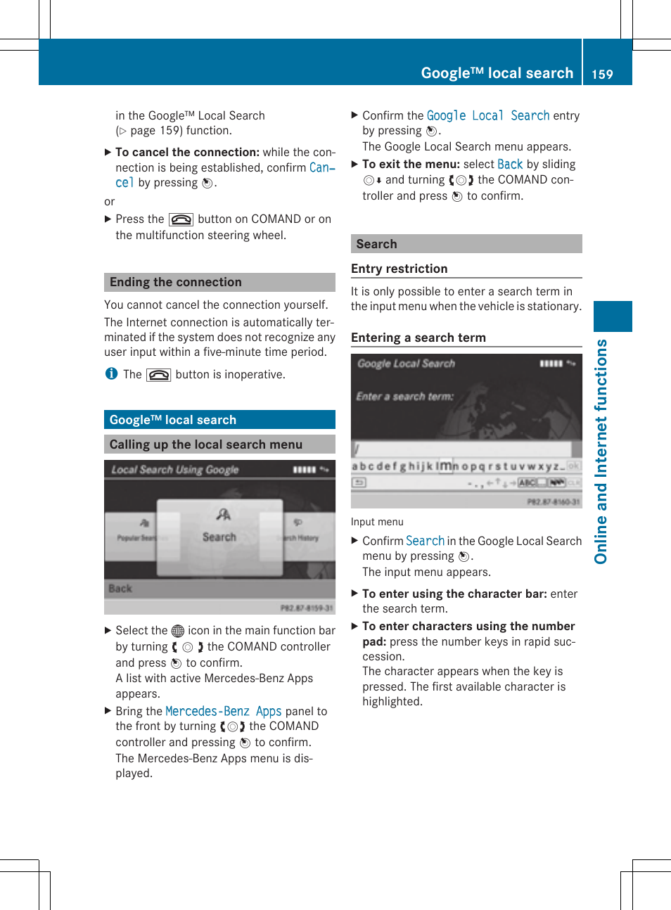 On line and int er net fu nct ions, Google™ local search | Mercedes-Benz CLS-Class 2014 COMAND Manual User Manual | Page 161 / 270