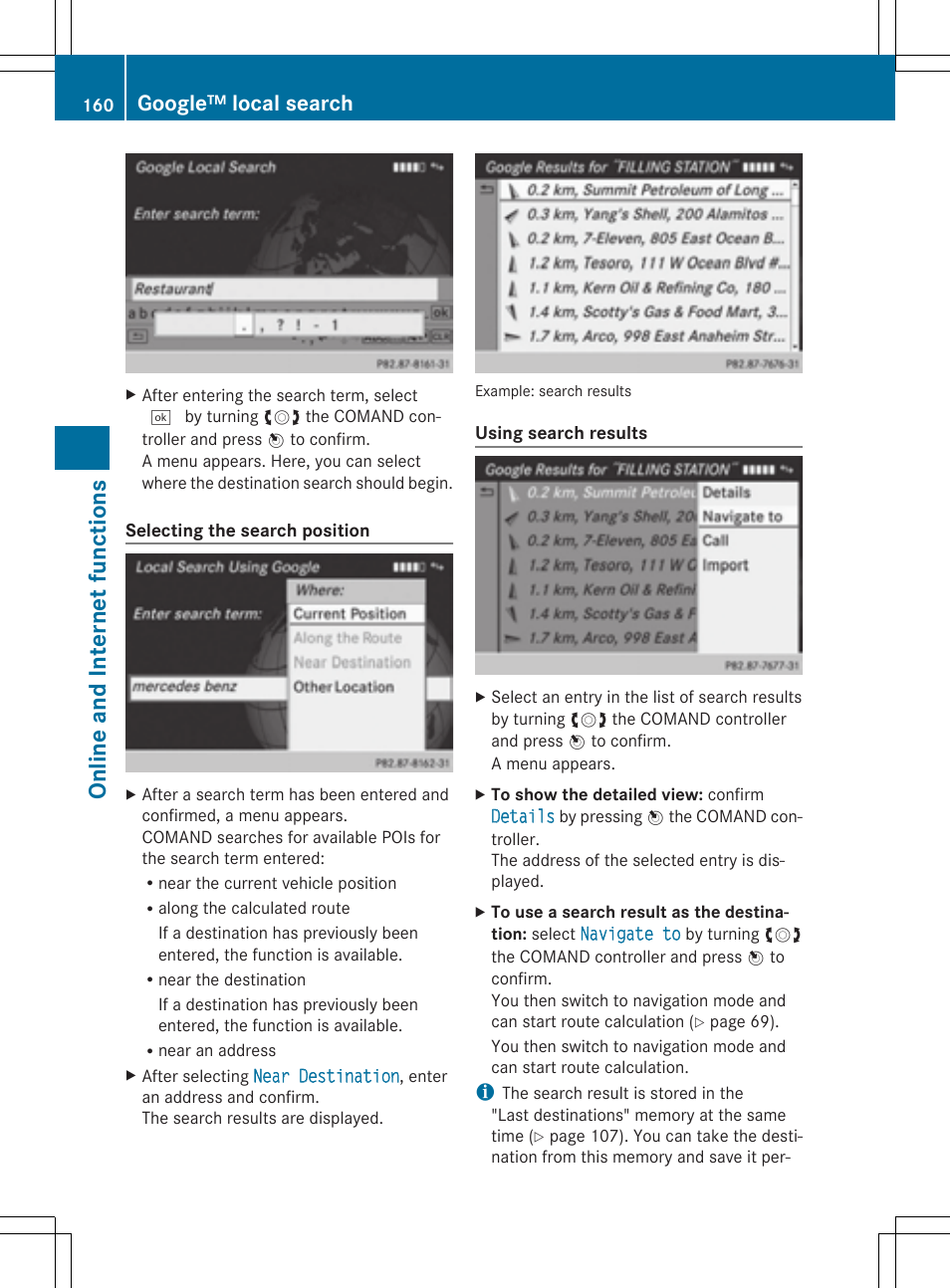 On line and in tern et fun cti on s, Google™ local search | Mercedes-Benz CLS-Class 2014 COMAND Manual User Manual | Page 162 / 270