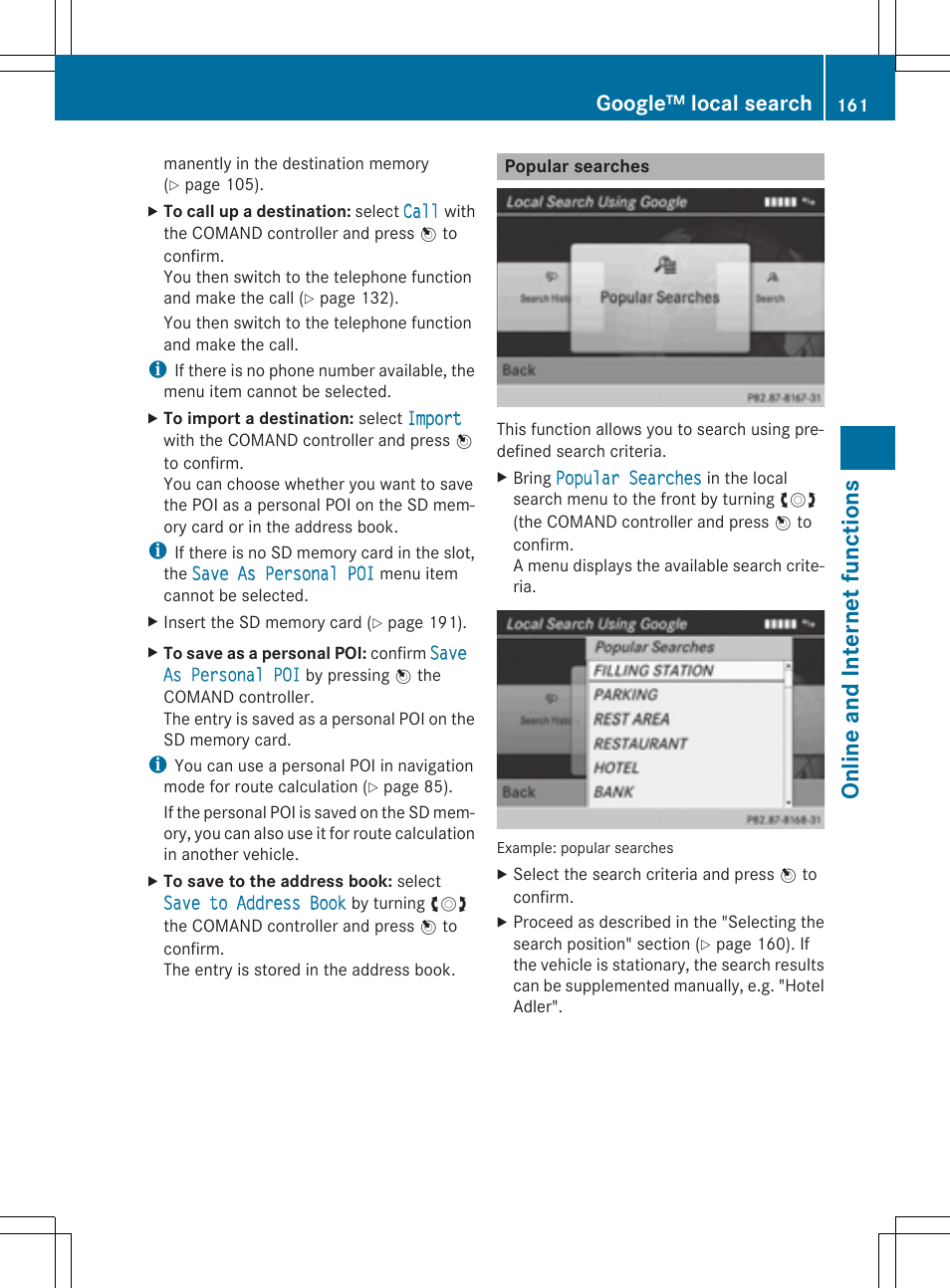 Online and internet functio ns, Google™ local search | Mercedes-Benz CLS-Class 2014 COMAND Manual User Manual | Page 163 / 270