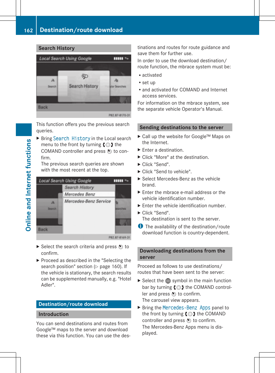 Online and internet functions, Destination/route download | Mercedes-Benz CLS-Class 2014 COMAND Manual User Manual | Page 164 / 270