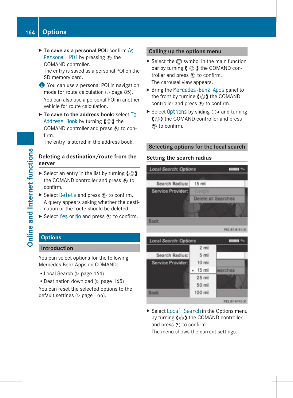 On line and int er net fu nct ions, Options | Mercedes-Benz CLS-Class 2014 COMAND Manual User Manual | Page 166 / 270