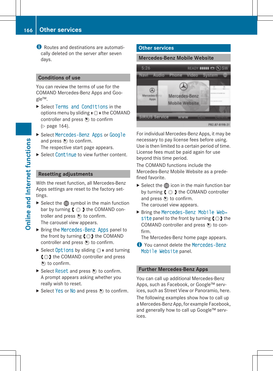On line and int er net fu nct ions, Other services | Mercedes-Benz CLS-Class 2014 COMAND Manual User Manual | Page 168 / 270