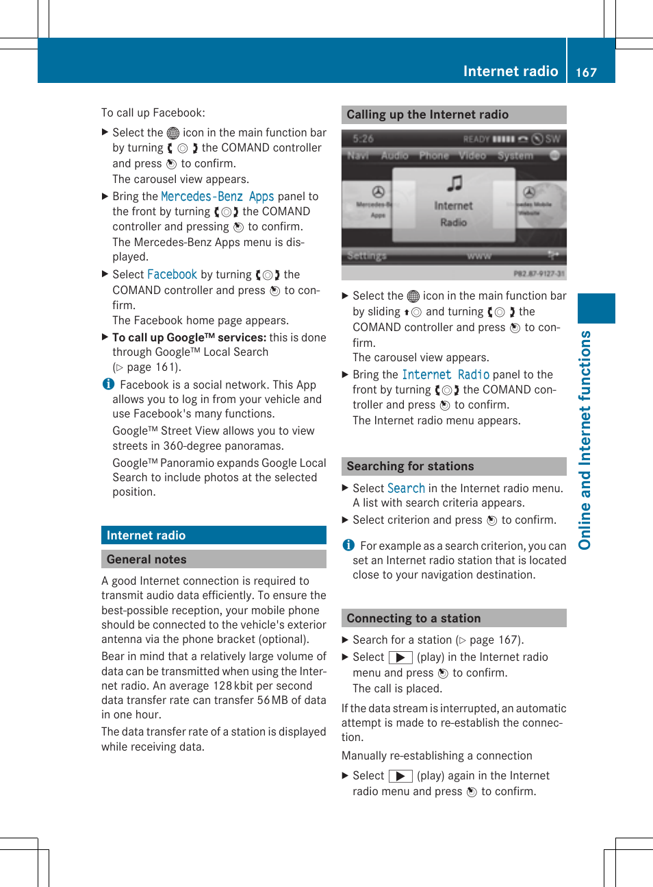 On line and int er net fu nct ions, Internet radio | Mercedes-Benz CLS-Class 2014 COMAND Manual User Manual | Page 169 / 270
