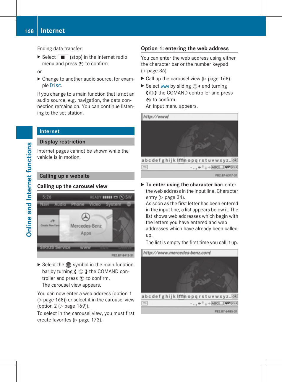 On line and int er net fu nct ions, Internet | Mercedes-Benz CLS-Class 2014 COMAND Manual User Manual | Page 170 / 270