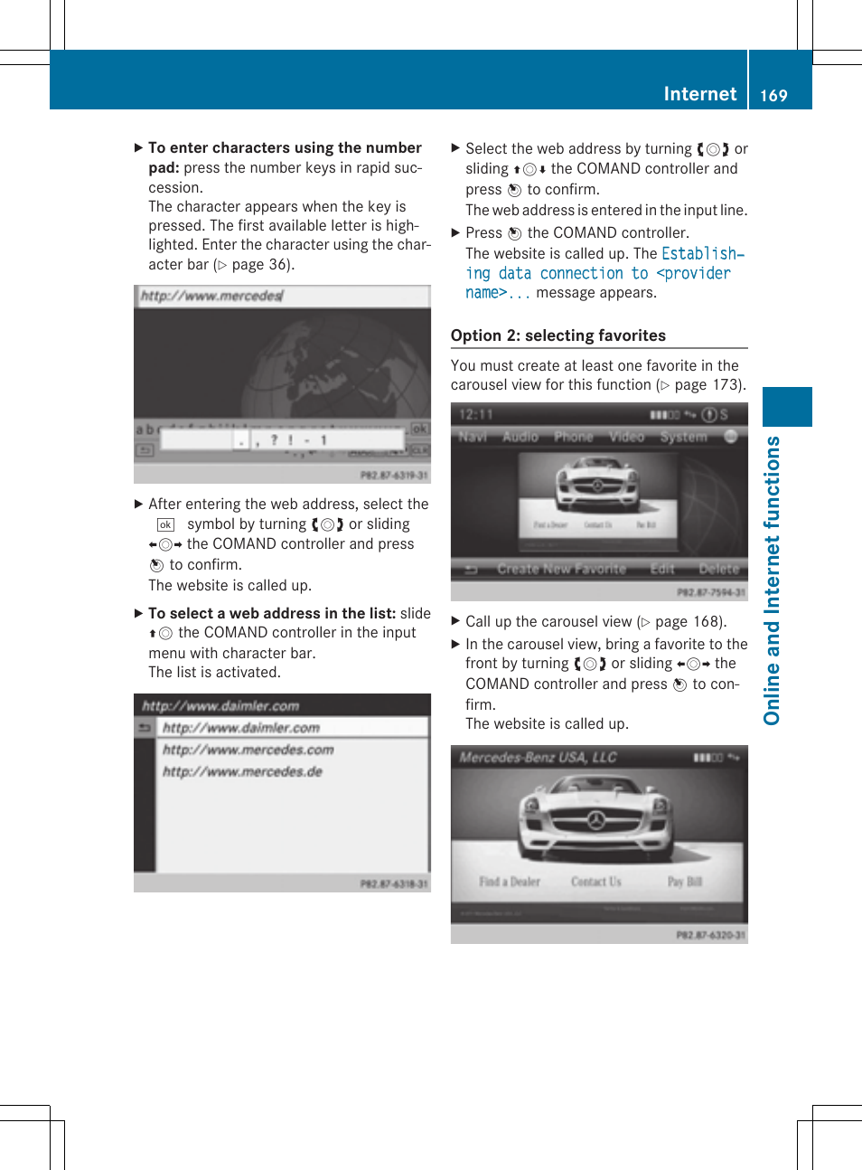 On line and in tern et func tio ns, Internet | Mercedes-Benz CLS-Class 2014 COMAND Manual User Manual | Page 171 / 270