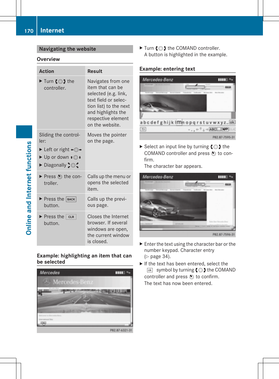 On line and int er net fu nct ions, Internet | Mercedes-Benz CLS-Class 2014 COMAND Manual User Manual | Page 172 / 270
