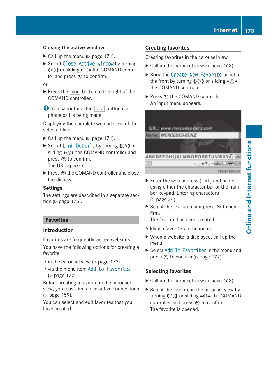 Online and inter net fu nction s, Internet | Mercedes-Benz CLS-Class 2014 COMAND Manual User Manual | Page 175 / 270