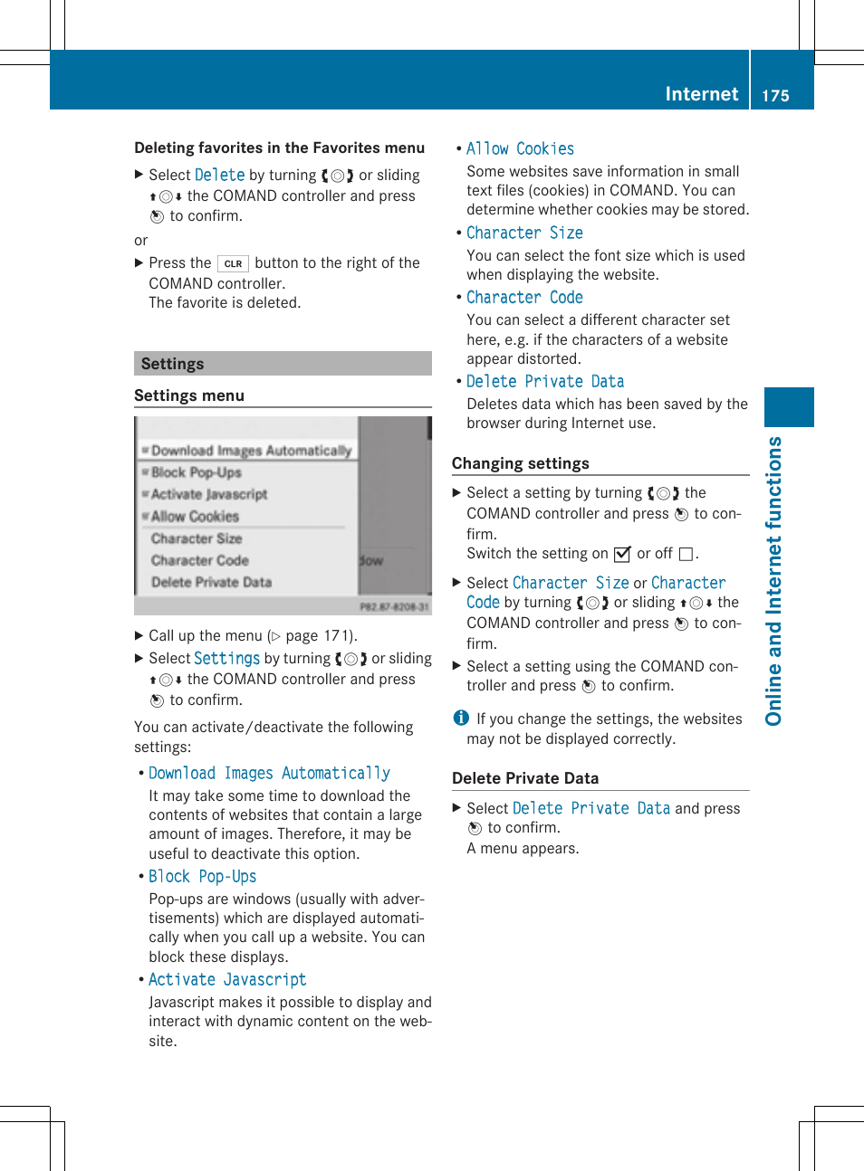 Onlin e an d int er net fu nct ions, Internet | Mercedes-Benz CLS-Class 2014 COMAND Manual User Manual | Page 177 / 270