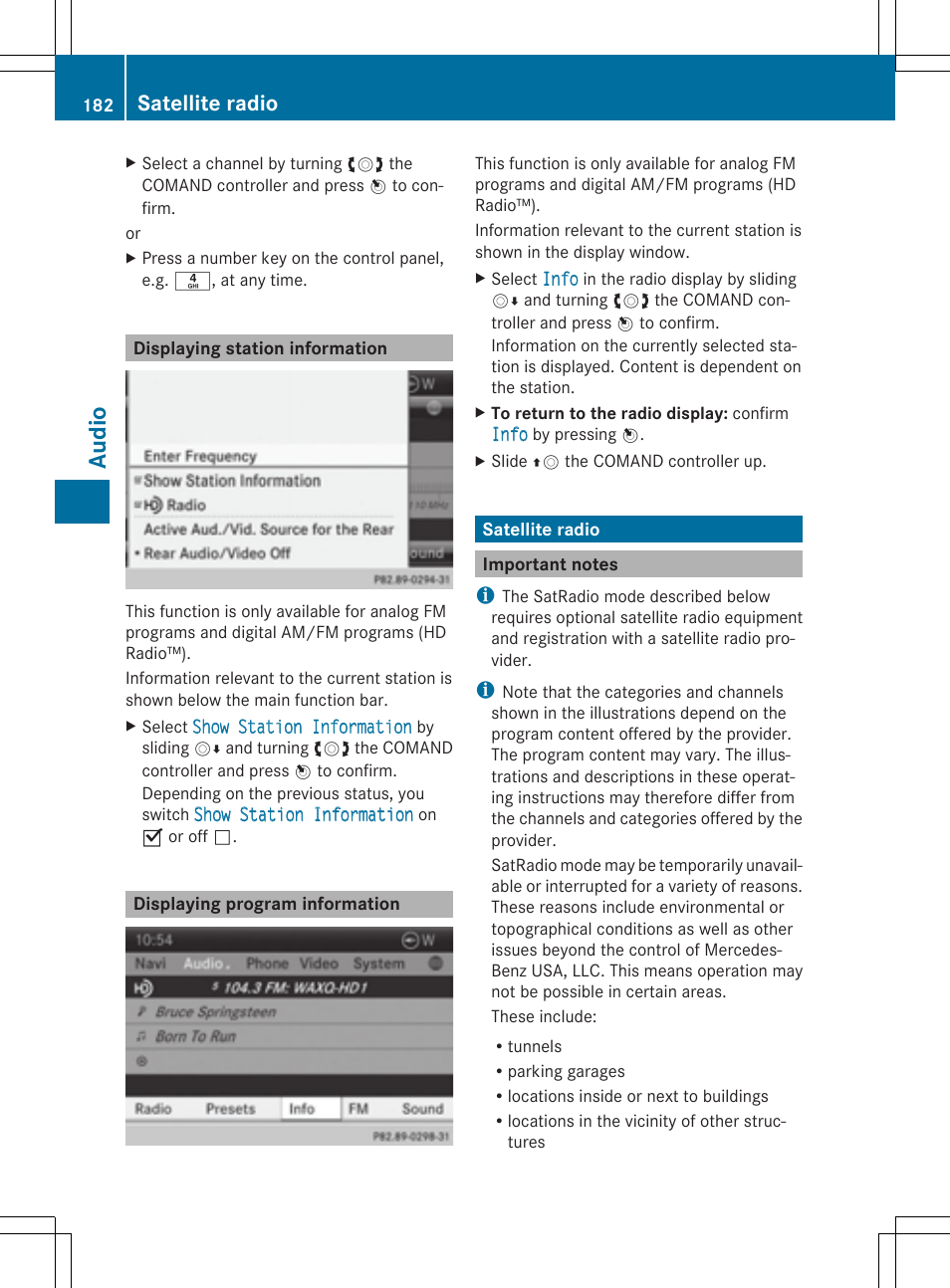 Au dio, Satellite radio | Mercedes-Benz CLS-Class 2014 COMAND Manual User Manual | Page 184 / 270