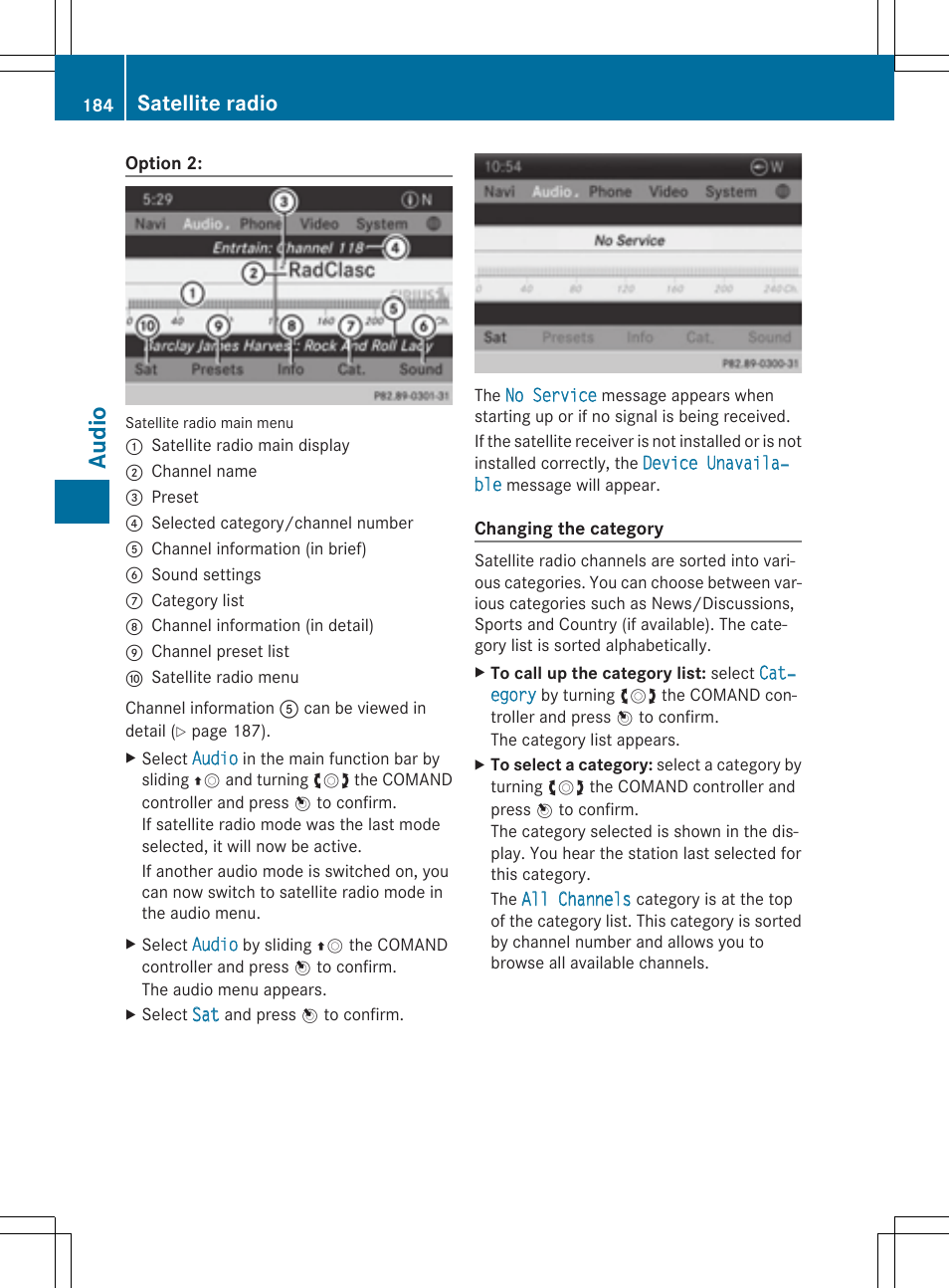 Audio, Satellite radio | Mercedes-Benz CLS-Class 2014 COMAND Manual User Manual | Page 186 / 270