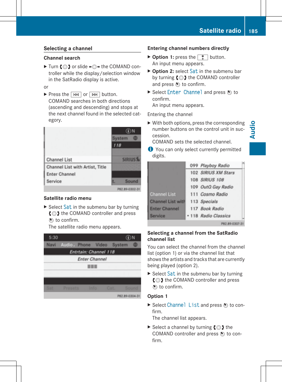 Audio, Satellite radio | Mercedes-Benz CLS-Class 2014 COMAND Manual User Manual | Page 187 / 270