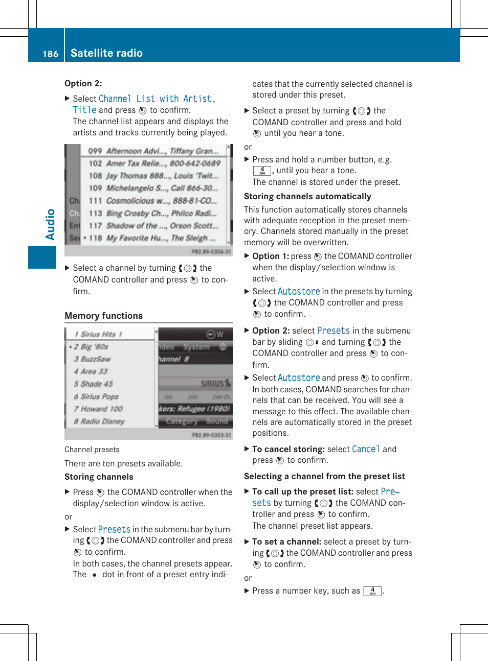 Audio, Satellite radio | Mercedes-Benz CLS-Class 2014 COMAND Manual User Manual | Page 188 / 270
