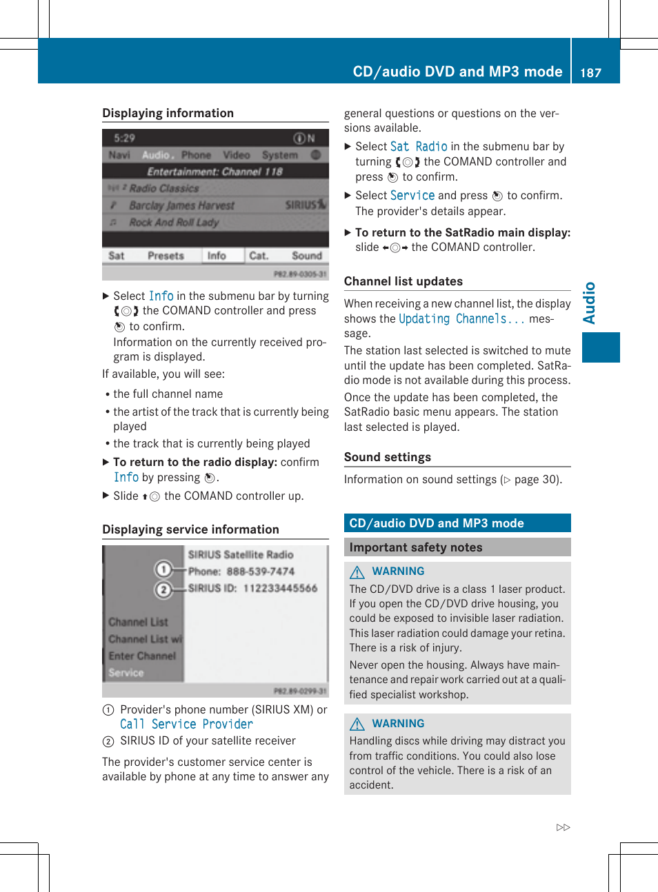 Aud io, Cd/audio dvd and mp3 mode | Mercedes-Benz CLS-Class 2014 COMAND Manual User Manual | Page 189 / 270