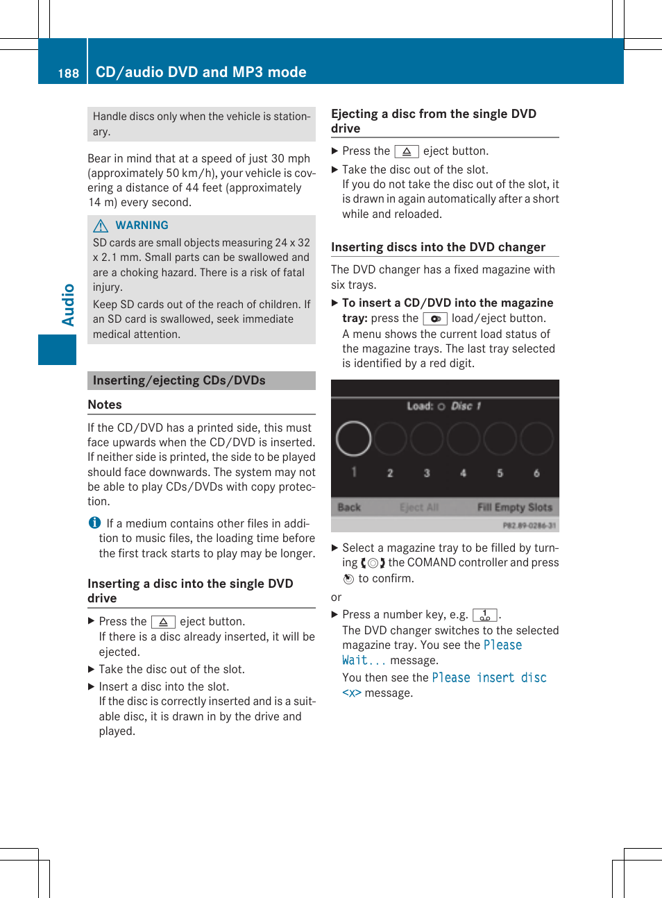 Audi o, Cd/audio dvd and mp3 mode | Mercedes-Benz CLS-Class 2014 COMAND Manual User Manual | Page 190 / 270