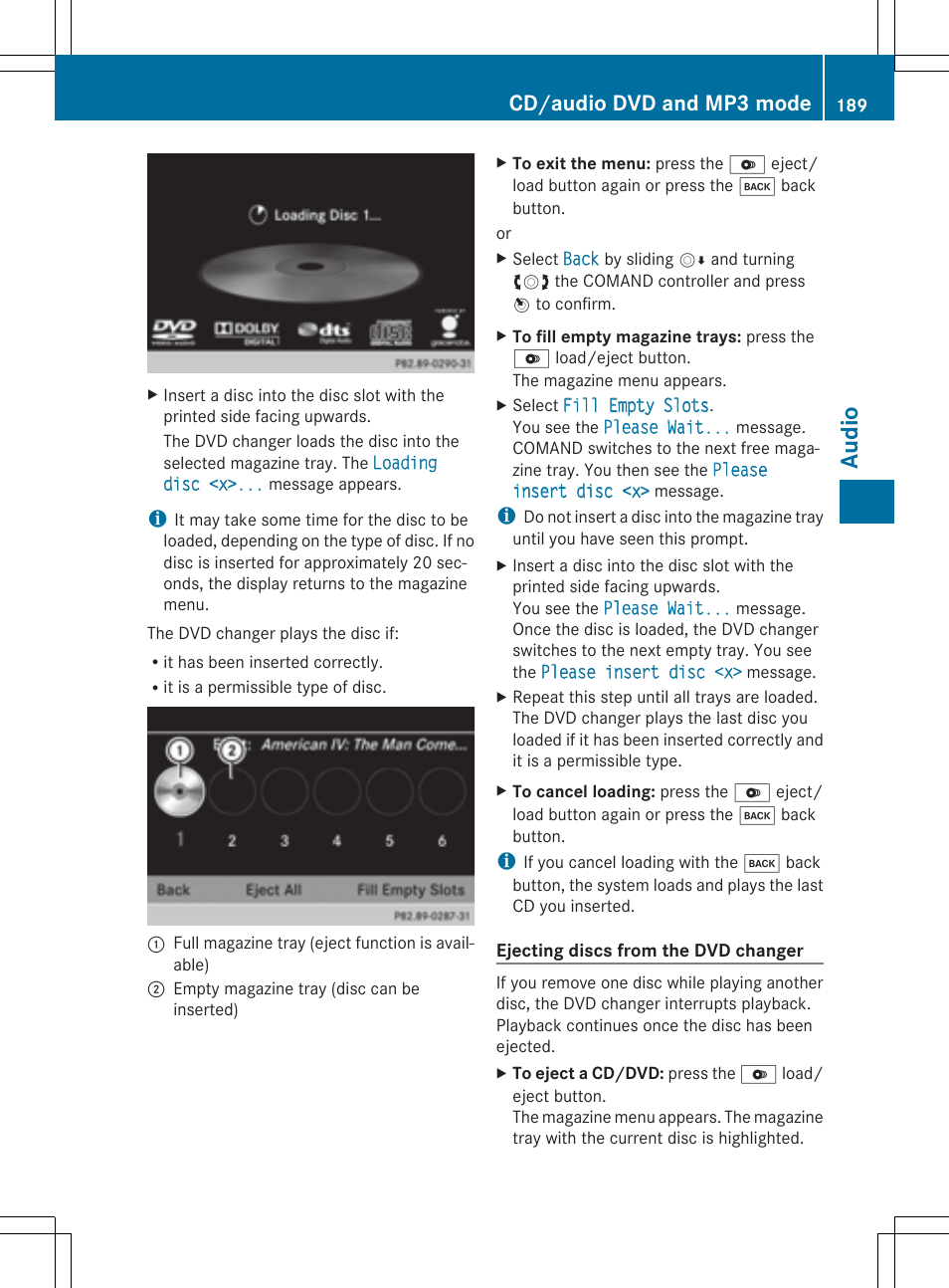 Audio, Cd/audio dvd and mp3 mode | Mercedes-Benz CLS-Class 2014 COMAND Manual User Manual | Page 191 / 270